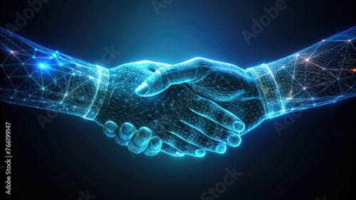 Digital handshake in a network of connections - Digital graphic of a handshake composed of blue glowing lines and dots, symbolizing connectivity and business agreements