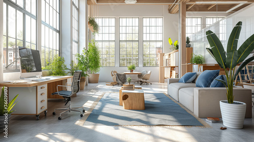 office with natural sunlight streaming in through large windows, white tones with blue uplighting and other natural wood furniture