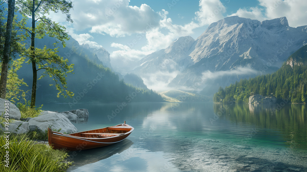 Calm lake setting with lone boat nestled among mountains