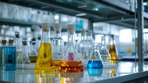 Row of glass flasks filled with liquid