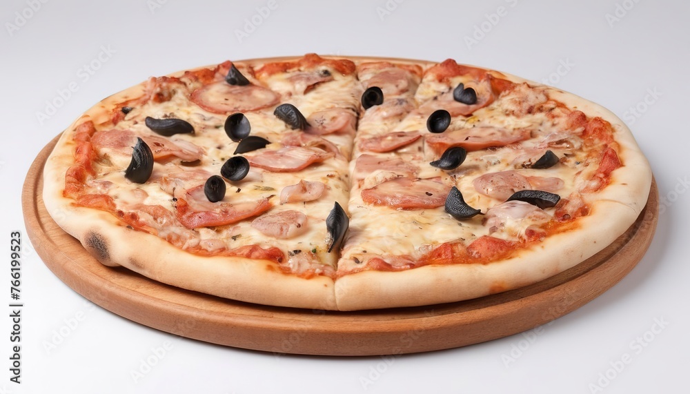 seafood pizza on wood tray isolated on white background