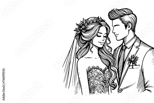 One continuous single drawing black line art doodle wedding couple bride and groom outlne vector illustration on white background