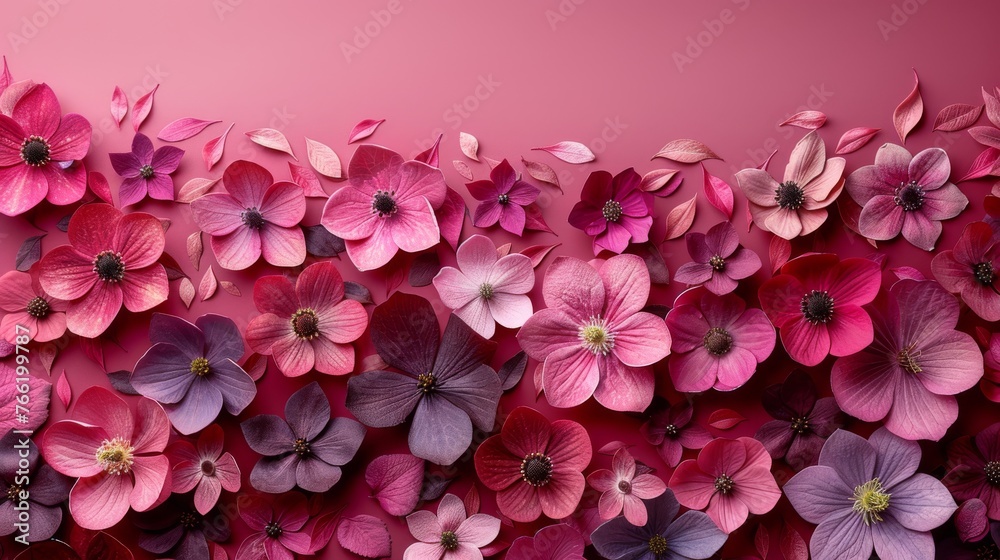  a large group of pink and purple flowers on a pink background with a pink wall in the middle of the picture.
