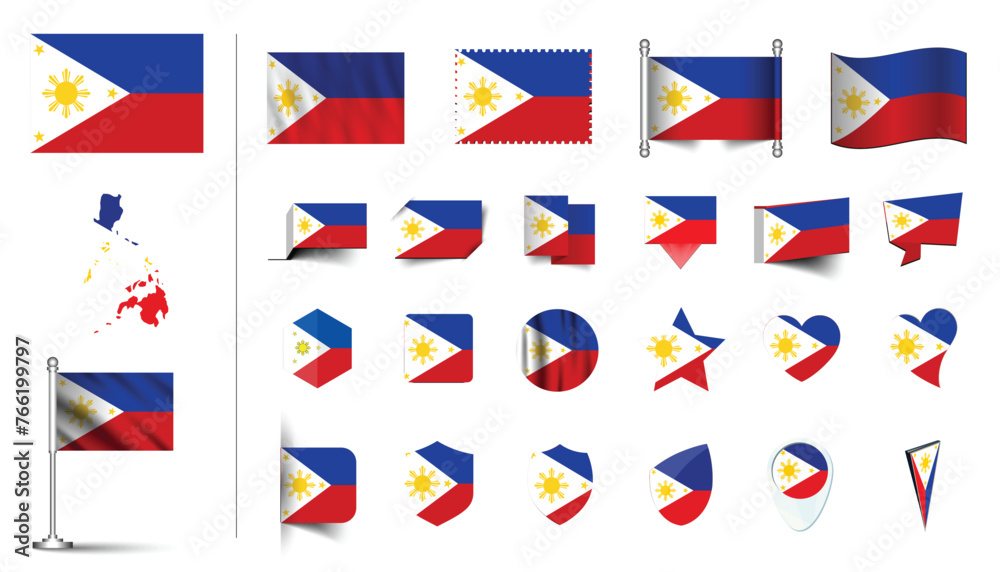 set of Philippines flag, flat Icon set vector illustration. collection of national symbols on various objects and state signs. flag button, waving, 3d rendering symbols, and flag on map symbols