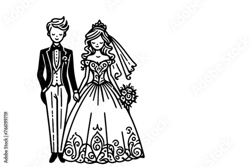 One continuous single drawing black line art doodle wedding couple bride and groom outlne vector illustration on white background