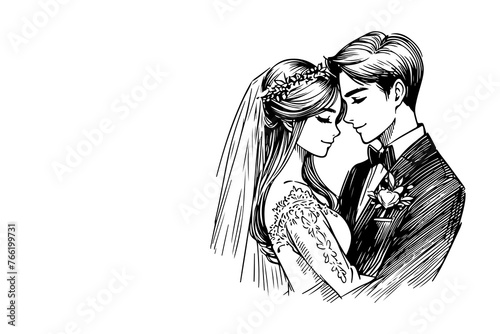 One continuous single drawing black line art doodle wedding couple bride and groom outlne vector illustration on white background