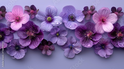 a group of pink and purple flowers with water droplets on them on a purple background with space for a text.