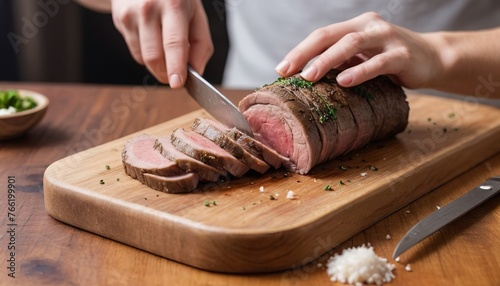 slicing a serving of organic roast beef roll with knife on wood table with garlic pepper and salt in melbourne australia