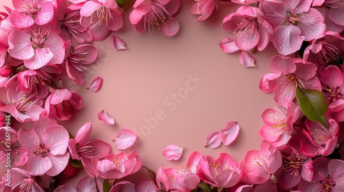  a circle of pink flowers on a pink background with a place for a text or an image to put on a card or brochure. © Shanti