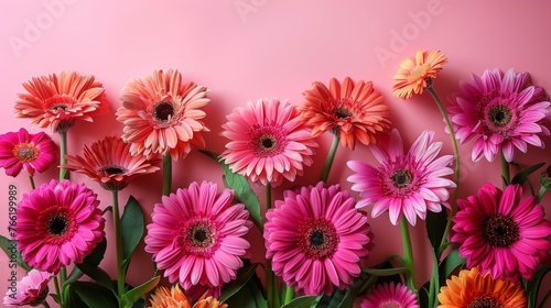  a close up of a bunch of flowers on a pink background with a pink wall in the background and a bunch of pink and orange flowers in the foreground.