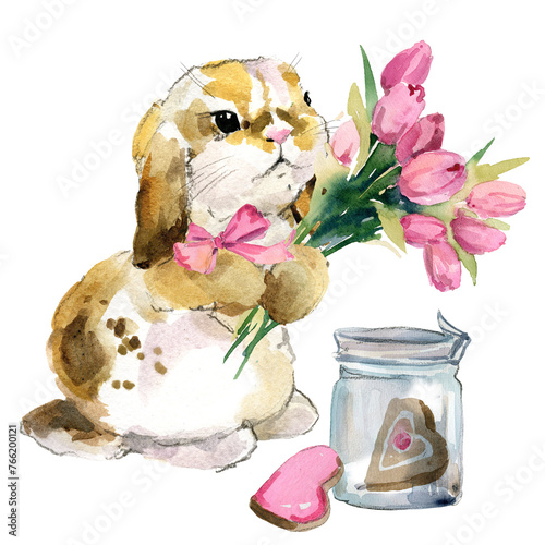 Cute watercolor baby bunny with flowers bouquet (ID: 766200121)