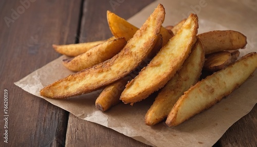 spicy curry powder coated crispy deep fried potato wedges on wood table background
