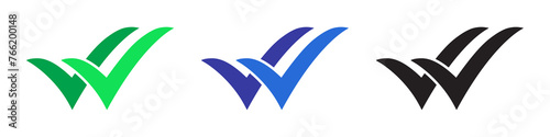 Double checking icon. Green, blue and black double tick, check mark. Flat done sticker icon isolated on white. Accept button. Good for web and software interfaces. Vector illustration.