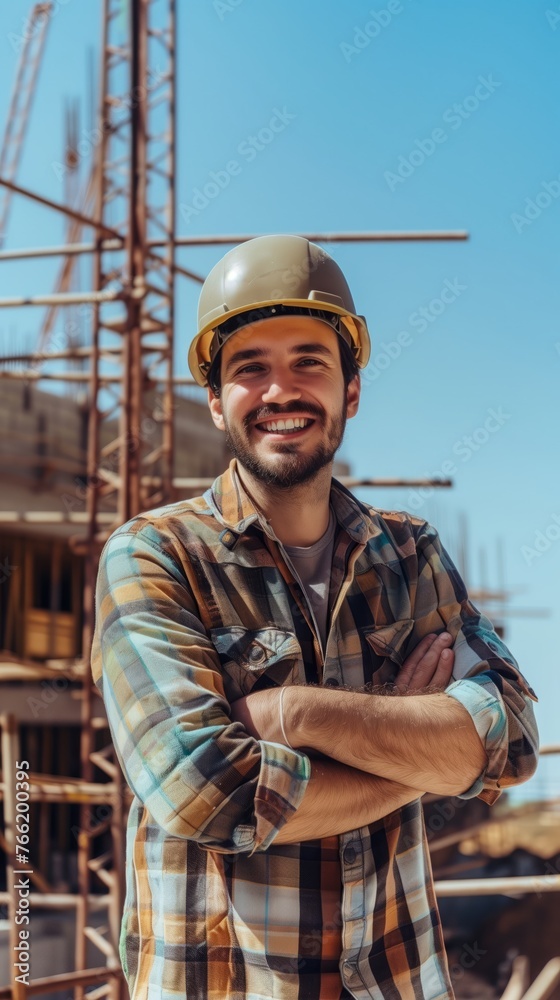 Confident construction worker wearing a hardhat, standing at a building site with crossed arms and a cheerful smile under a sunny sky. Professionalism and success in the construction industry. Confident construction worker wearing a hardhat, standing at a building site with crossed arms and a cheerful smile under a sunny sky. Professionalism and success in the construction industry.