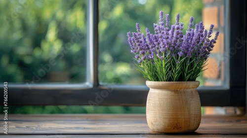  a vase filled with purple flowers sitting on top of a wooden table next to a window with a forest outside of it.