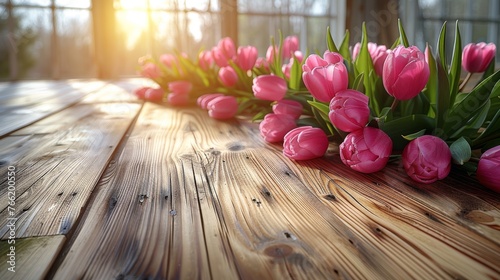  a bunch of pink tulips sitting on a wooden table with the sun shining through the window behind them. #766200550