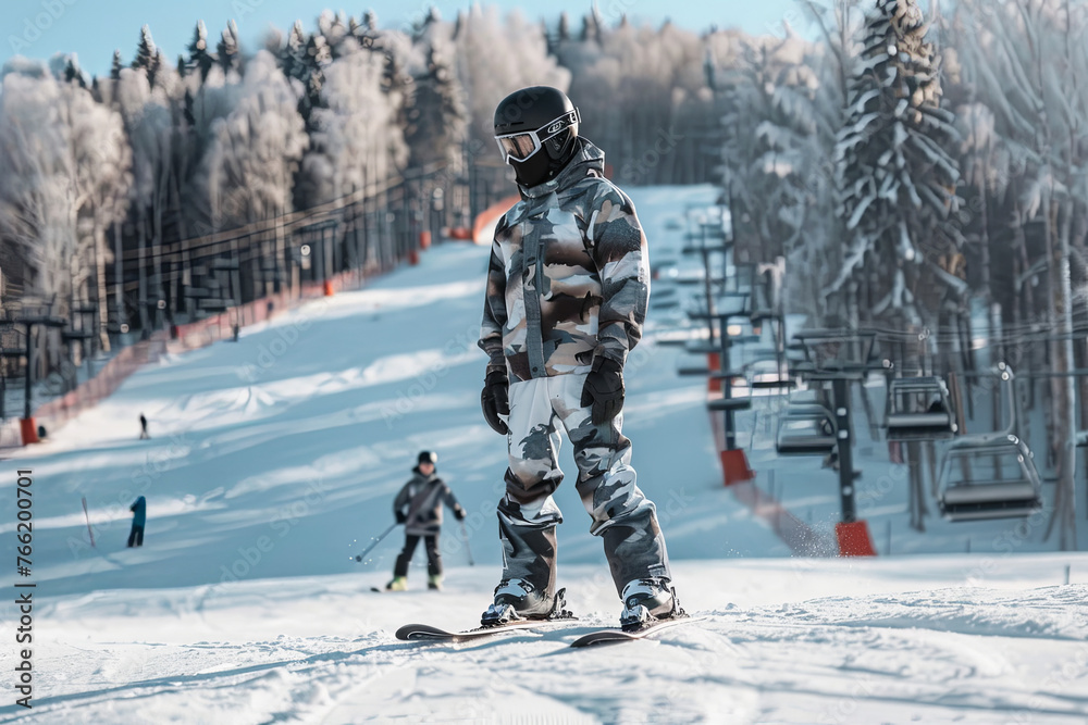 Man Snowboarder in ski area - obrazy, fototapety, plakaty 