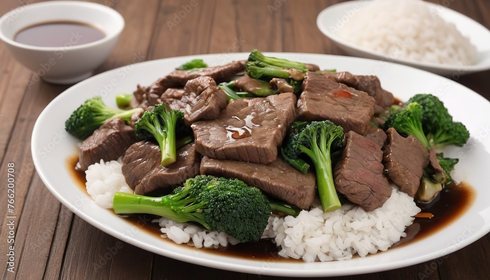Thai and Chinese food sauteed beef with oyster sauce and broccli