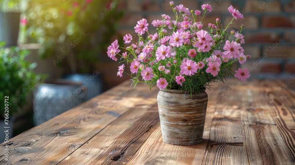  a vase filled with pink flowers sitting on top of a wooden table next to a potted plant on top of a wooden table.