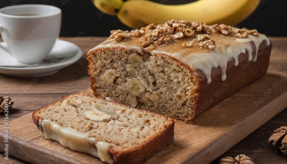 The banana cake with walnuts and maple syrup cut with slices on a wooden table