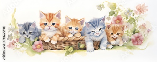 A group of kittens in a basket, one peeking out, one sleeping, and one trying to climb out, on 100% flat white background, children book watercolor clipart