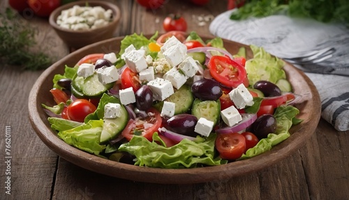 traditional greek salad with feta cheese and mixed organic vegetables on wooden table