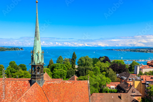 View over Lake Constance (Bodensee) and the old town of Konstanz (also known as Constance)  from bell tower of Konstanz Cathedral, Baden-Wuerttemberg, Germany photo