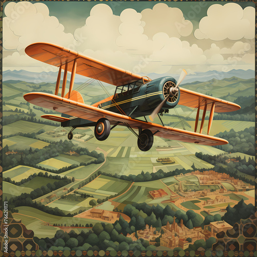 Vintage biplane flying over a patchwork landscape. 