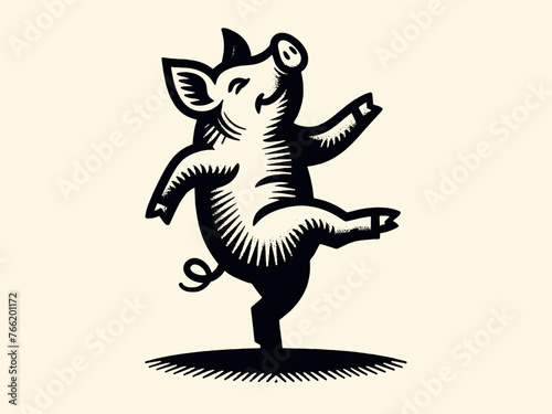 Dancing pig. old vintage engraving illustration, emblem, logo. Woodcut