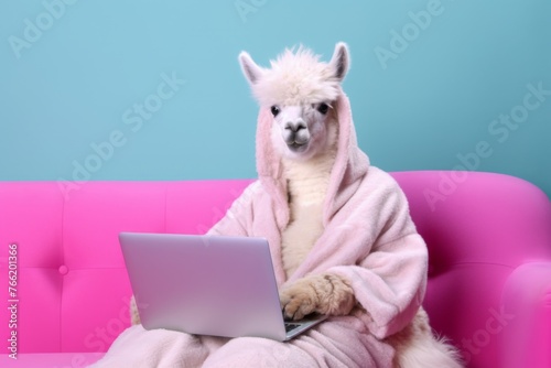 relaxed lama holds a laptop in his hands on a pastel color background