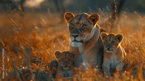 The tender moment between a lioness and her cubs, the bond between mother and offspring palpable in every glance.