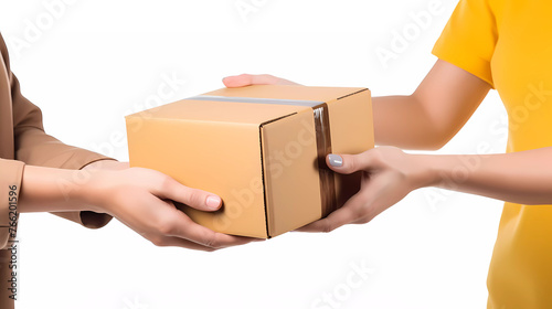 Close up hand customer woman accepting a delivery package from delivery officer. Delivery service concept, online marketing packaging box service © idcreative.ddid