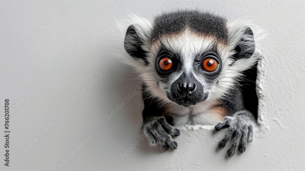 a close up of a small animal with an orange eye looking out of a hole in the wall of a building. a close up of a small animal with an orange eye looking out of a hole in the wall of a building.