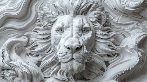  a white sculpture of a lion's head surrounded by swirls of white paint on a white marble surface.