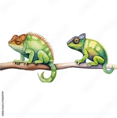 watercolor painting Vector format of a green chameleon (blue chameleon), isolated on a white background, Graphic Drawing clipart, Illustration design.