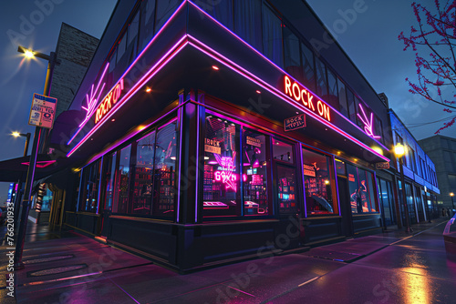 A cool and edgy music store with a black and purple exterior and a sign that says "ROCK ON" © Ibrar Artist