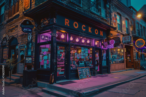 A cool and edgy music store with a black and purple exterior and a sign that says "ROCK ON" © Ibrar Artist