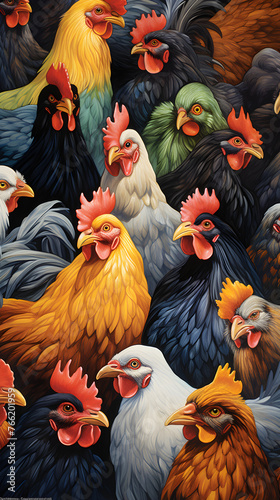 Chicken Frenzy: A Colorful Depiction of Farmyard Life and Nature's Vibrancy © Vincent