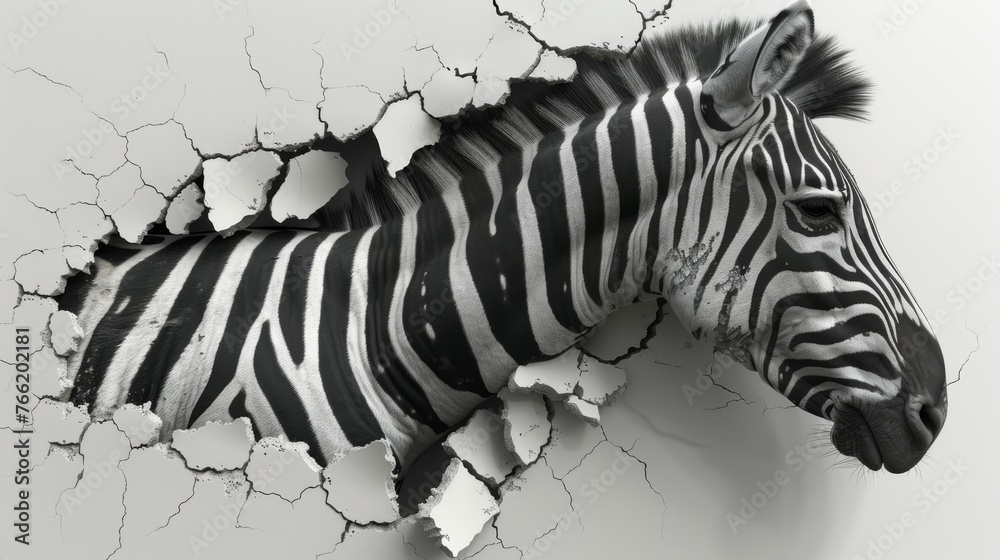 Fototapeta premium a black and white photo of a zebra's head through a crack in the wall of a white wall.