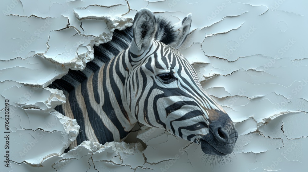 Fototapeta premium a close up of a zebra's head through a hole in a wall with paint peeling off the walls.