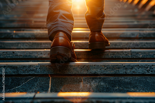 Businessman climbing stairs with sunlight ahead. Business person, professional-looking entrepreneur with legs and shoes close up. Career development and success concept