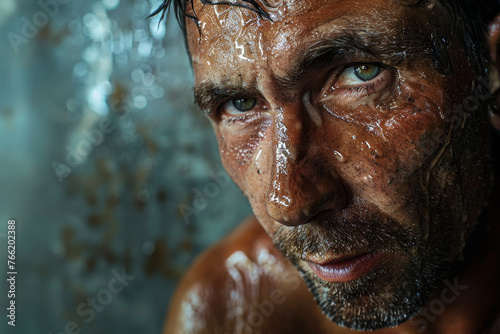 A close-up shot of a muscular plumber face, covered in sweat after a hard day work. © mila103