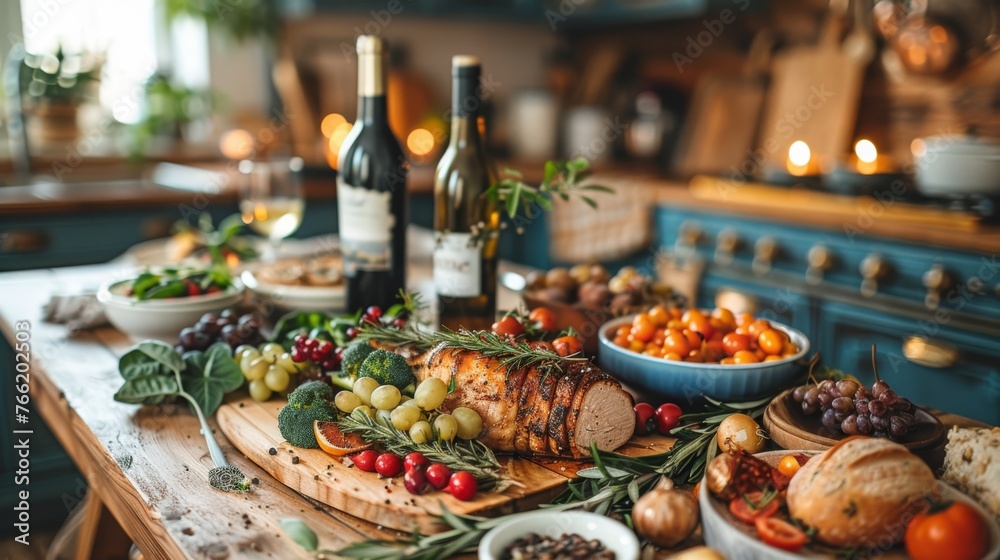  a wooden table topped with plates of food and a bottle of wine next to a bowl of fruit and a bottle of wine.
