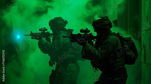 Night vision goggle footage of a SWAT team entering the building, smoke grenade made with Ai generative technology