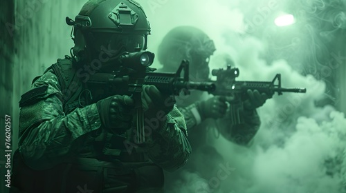 Night vision goggle footage of a SWAT team entering the building, smoke grenade made with Ai generative technology © Jixster