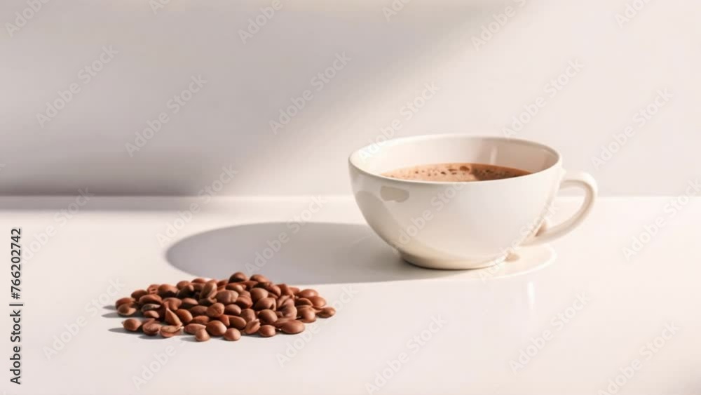 White coffee mug and coffee beans against white wall background White coffee mug and coffee beans against white wall background