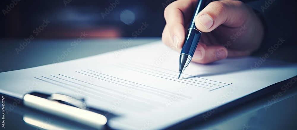 A person sitting at a desk, concentrating as they write a letter on a sheet of paper using a traditional pen - obrazy, fototapety, plakaty 