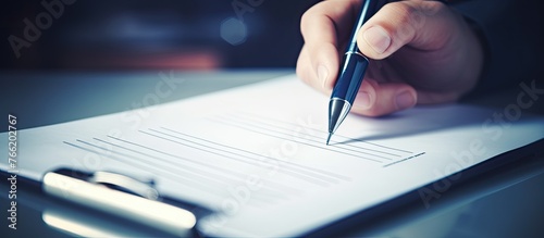 A person sitting at a desk, concentrating as they write a letter on a sheet of paper using a traditional pen photo