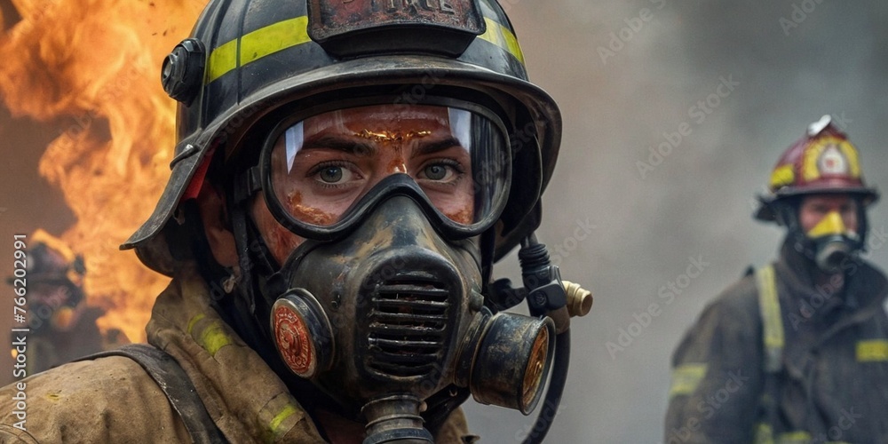 Firefighters fighting a fire. Firefighters fighting a fire with a gas mask.