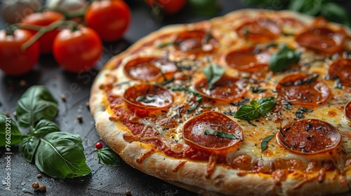  a pepperoni pizza sitting on top of a table next to a bunch of tomatoes and a bunch of basil.